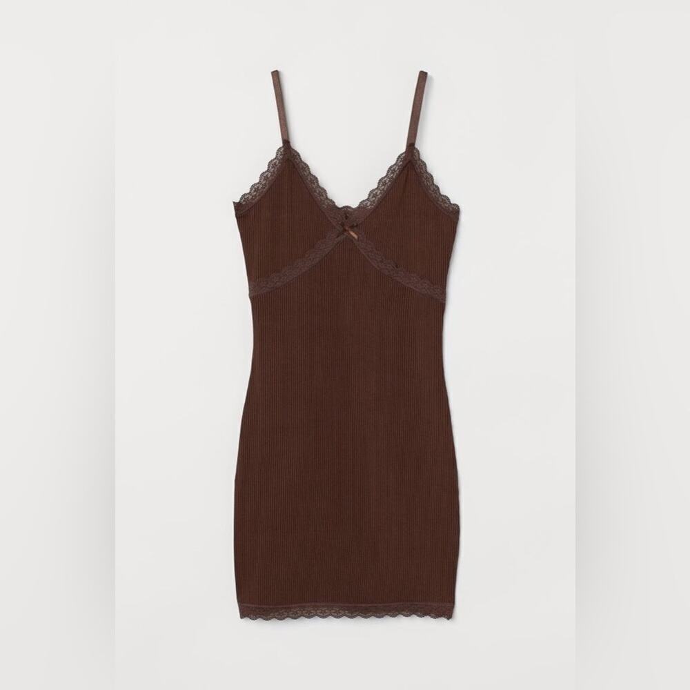 H&M Brown Ribbed Stretch Bodycon Lace Mini Dress Adjustable Y2K Size M Divided